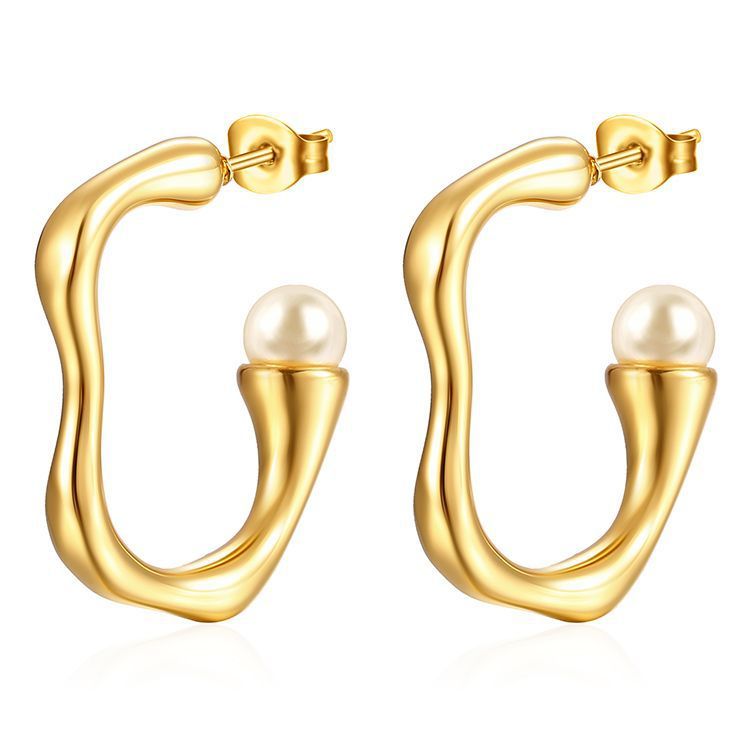 Fashion 18K Geometric Stainless Steel Inlaid Pearl Earrings