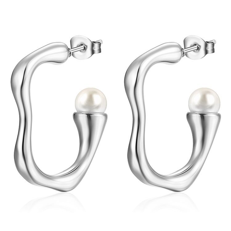 Fashion 18K Geometric Stainless Steel Inlaid Pearl Earrings