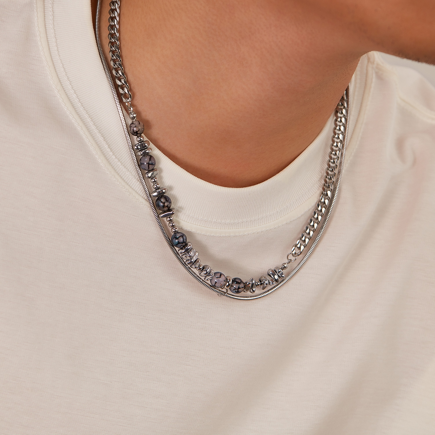 Personalized Cold Style Double-Layer Necklace Stainless Steel Natural Stone Stitching Haematite Cuban Link Chain Men