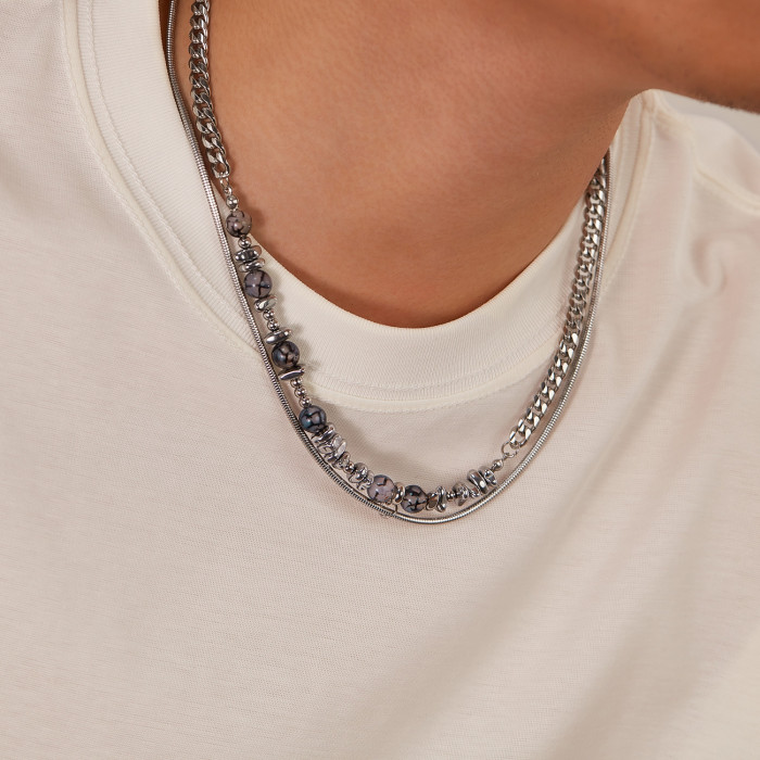 Personalized Cold Style Double-Layer Necklace Stainless Steel Natural Stone Stitching Haematite Cuban Link Chain Men