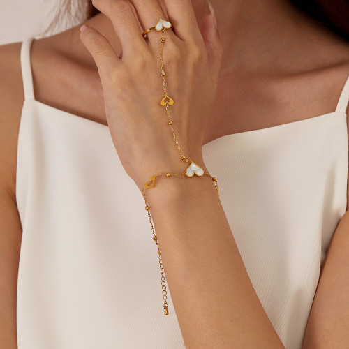 Korean Style Minimalist Design Stainless Steel Finger Chain Mother Shell Love Heart-Shaped Ring Bracelet Integrated Bracelet