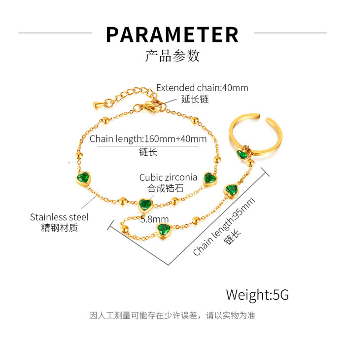 Niche Elegant Emerald Loving Heart Zircon Stainless Steel Ring Bracelet Integrated Ladies Finger Chain