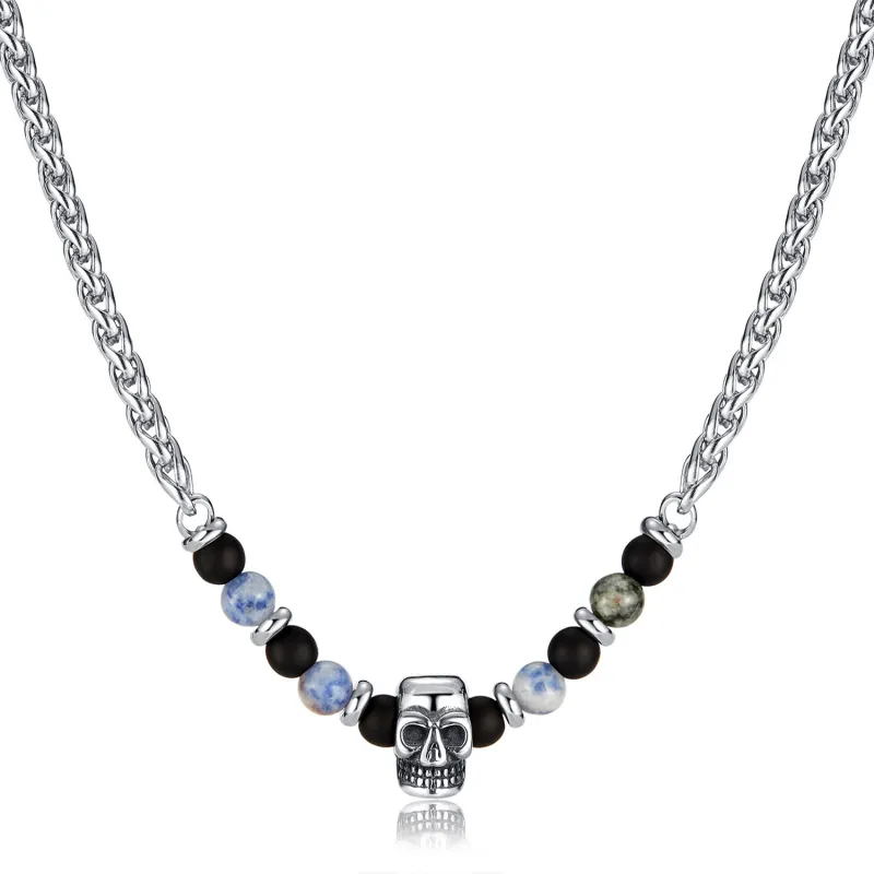 New Personalized Fashion Stainless Steel Skull Pendant Blue Dianshi Dull Polish Bead Necklace for Men