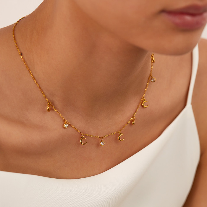 Niche Temperament Simple Stainless Steel Moon Pendant Inlaid Zircon Necklace Women