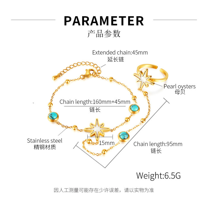 Fashion Design Stainless Steel Turquoise Mother Shell Eight Awn Star Ring Integrated Finger Chain