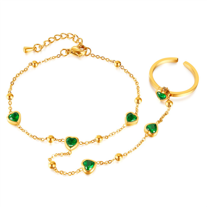 Niche Elegant Emerald Loving Heart Zircon Stainless Steel Ring Bracelet Integrated Ladies Finger Chain