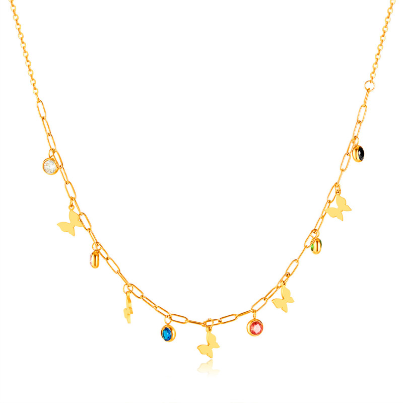 INS Niche Design Color Dopamine Zircon Stainless Steel Three-Dimensional Butterfly Pendant Necklace