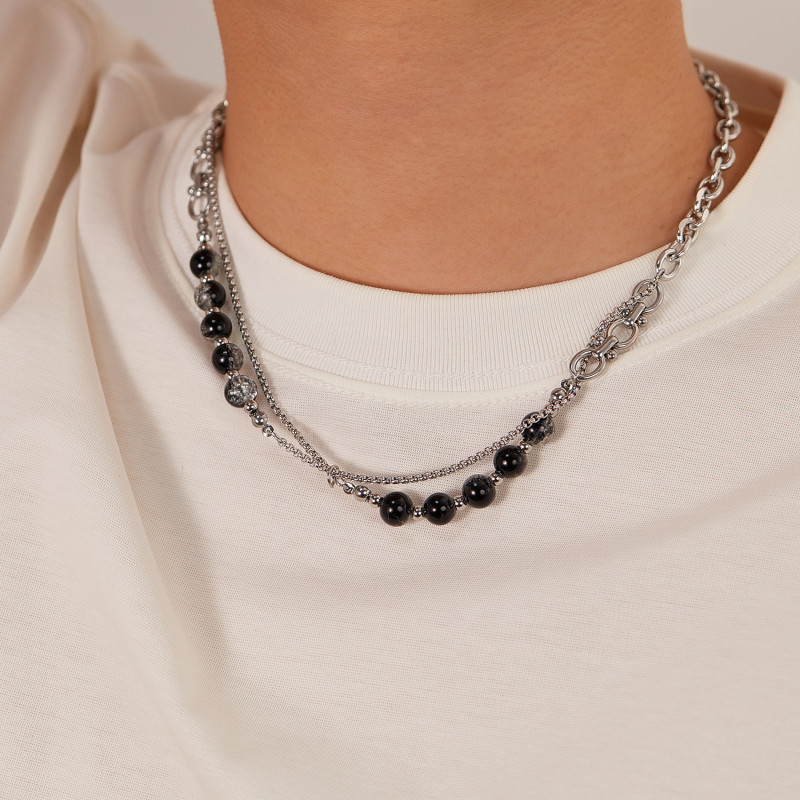 Hip Hop Trend Design Stainless Steel Double-Layer Chain Glass Beads Necklace