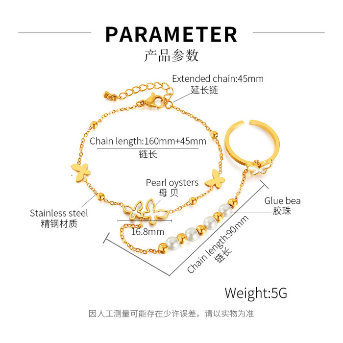 Fashion Ins Simple Pearl Stainless Steel Butterfly Mother Shell Open Ring Integrated Finger Chain