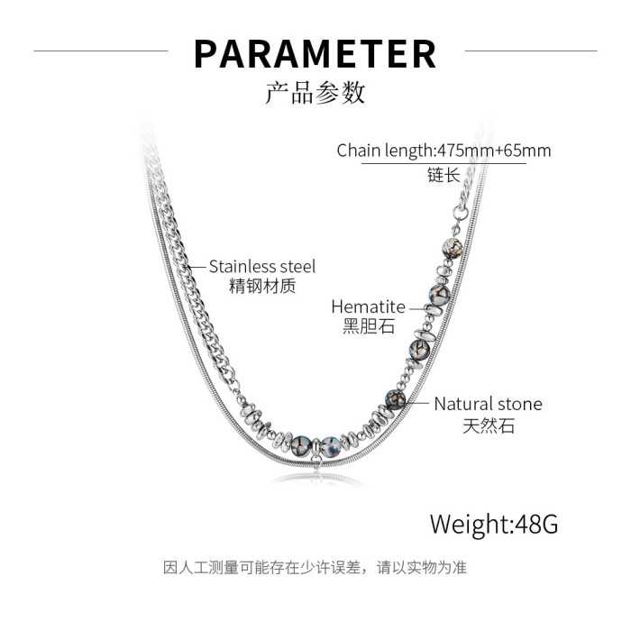 Personalized Cold Style Double-Layer Necklace Stainless Steel Natural Stone Stitching Haematite Cuban Link Chain Men