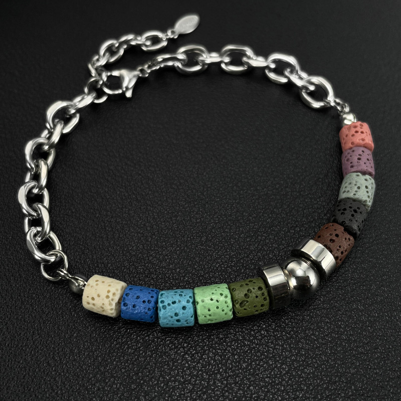 Personalized Creative Design Stainless Steel Chain Stitching Color Volcanic Stone Bracelet Men