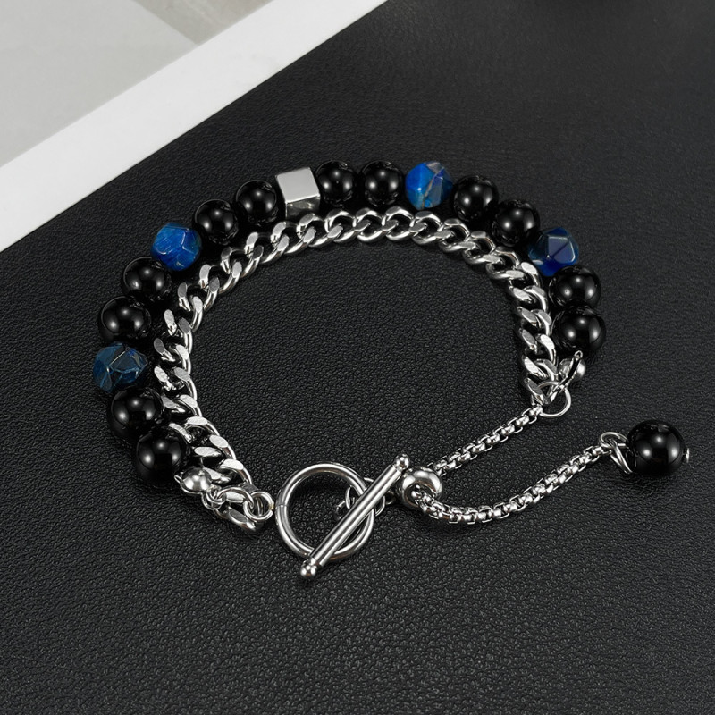 Fashion Punk Stainless Steel Cuban Link Chain Black Micro Glass Bead OT Buckle Double Layer Bracelet