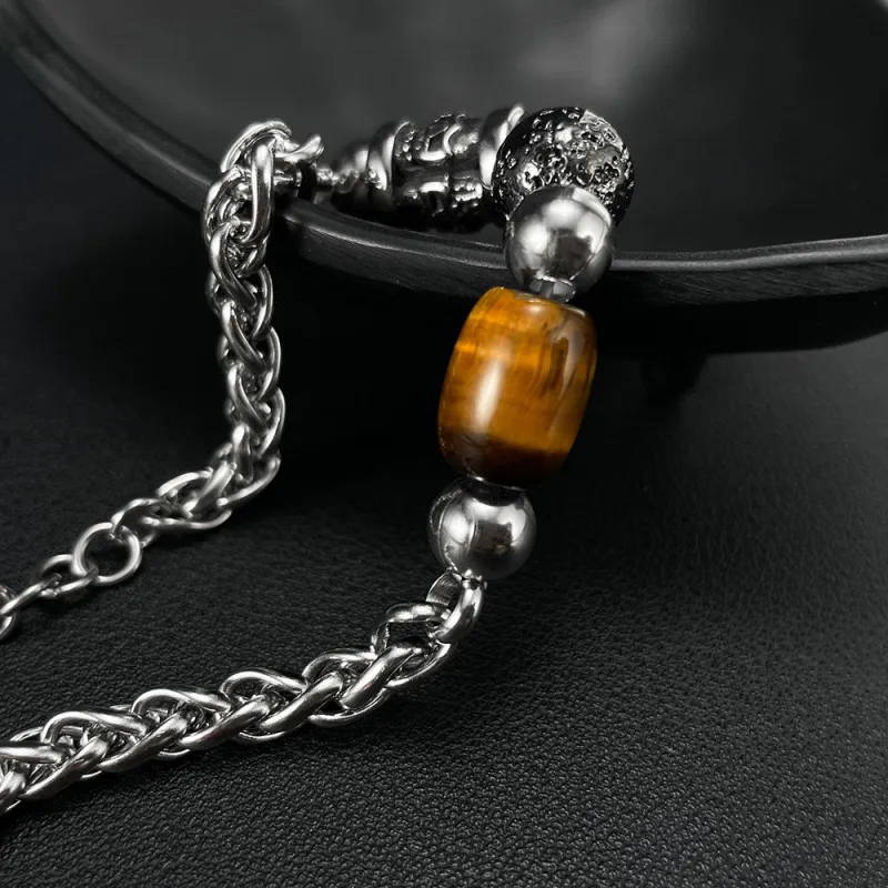 Creative Stainless Steel Skull Stitching Tigereye Ball Bracelet Men