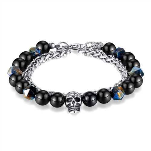 Stainless Steel Double Layer Twin Skull Black Glass Beads Bracelet Men