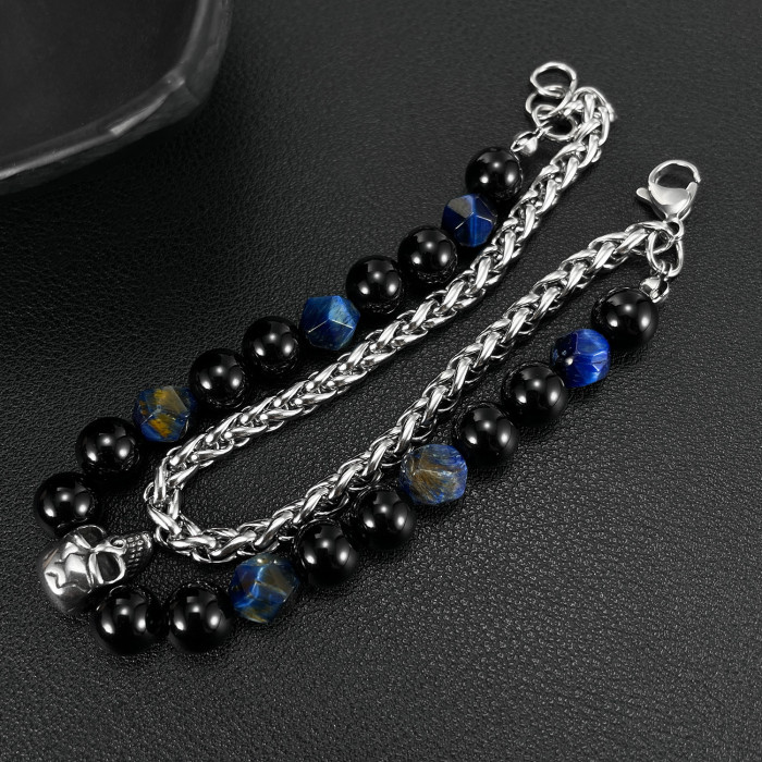 Stainless Steel Double Layer Twin Skull Black Glass Beads Bracelet Men