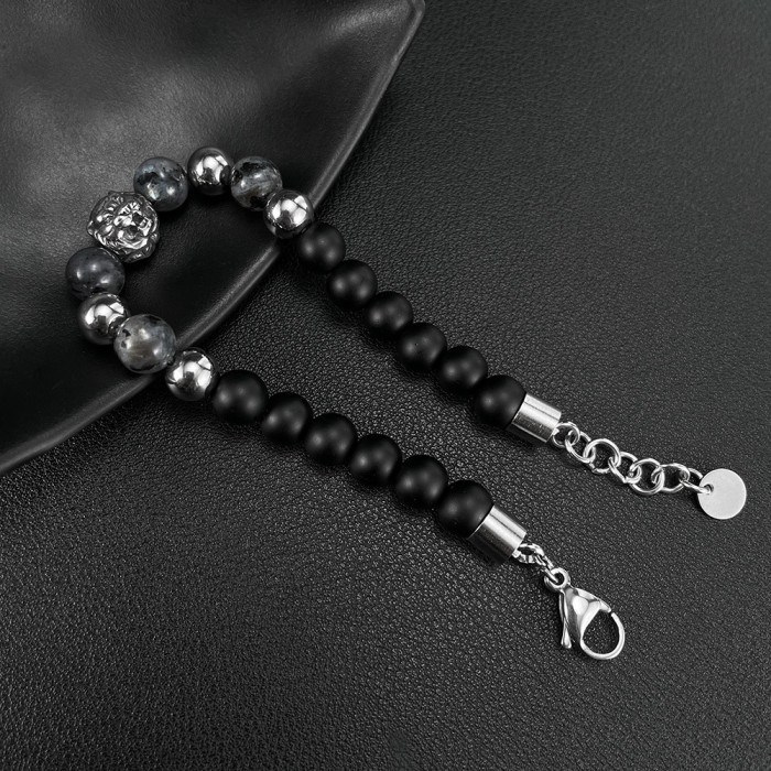 Street Retro Punk Design Stainless Steel Tiger Head Beaded Bracelet Men