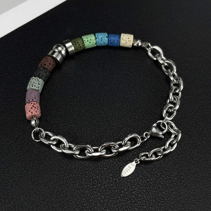 Personalized Creative Design Stainless Steel Chain Stitching Color Volcanic Stone Bracelet Men