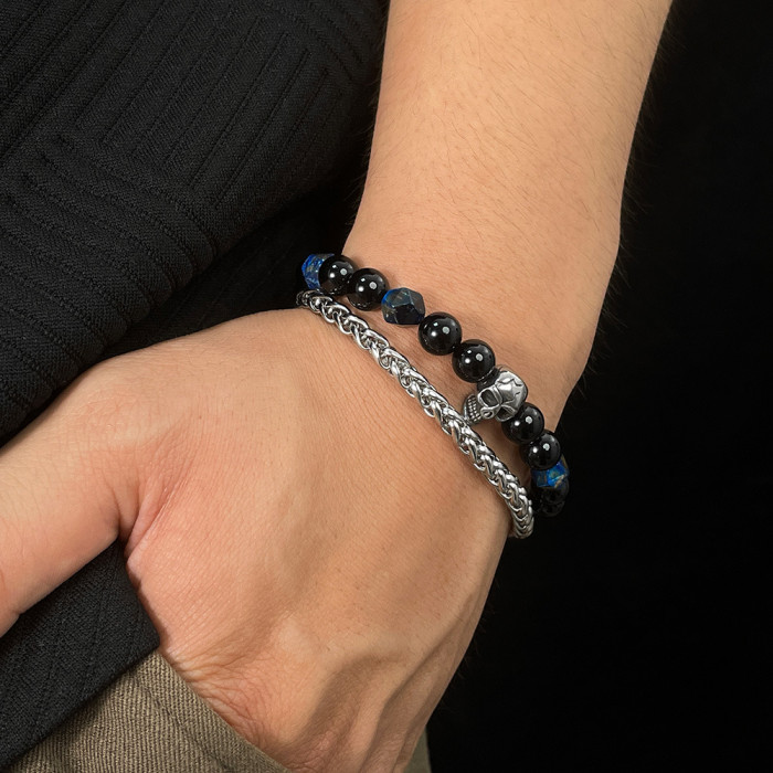 Stainless Steel Double Layer Twin Skull Black Glass Beads Bracelet Men