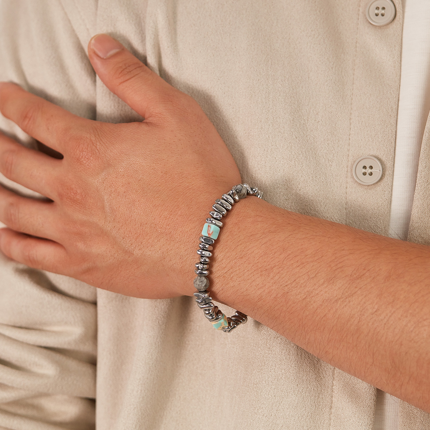 Personalized Fashion Creative Mt. Tai Stone Stitching Map Stone All-Match Stainless Steel Men and Women Bracelet