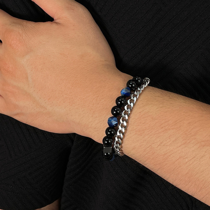 Fashion Punk Stainless Steel Cuban Link Chain Black Micro Glass Bead OT Buckle Double Layer Bracelet