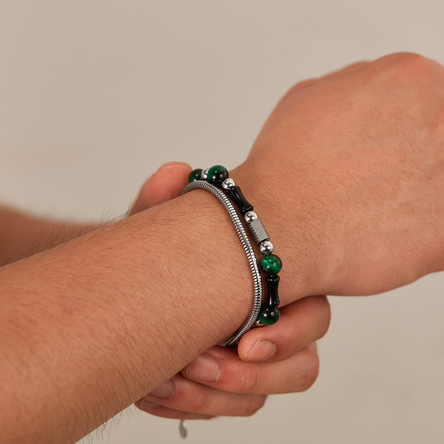 Retro Creative Double Layer Twin Green Tiger-Shaped Stone Black Bamboo Stainless Steel High-Grade Bracelet