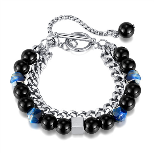 Fashion Punk Stainless Steel Cuban Link Chain Black Micro Glass Bead OT Buckle Double Layer Bracelet