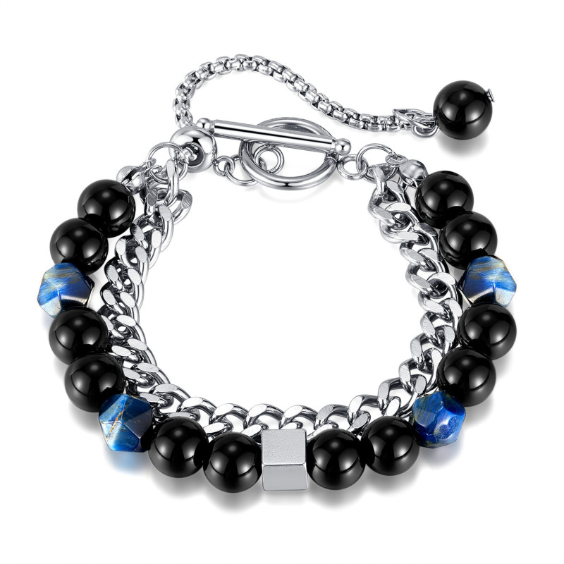 Fashion Punk Stainless Steel Cuban Link Chain Black Micro Glass Bead OT Buckle Double Layer Bracelet