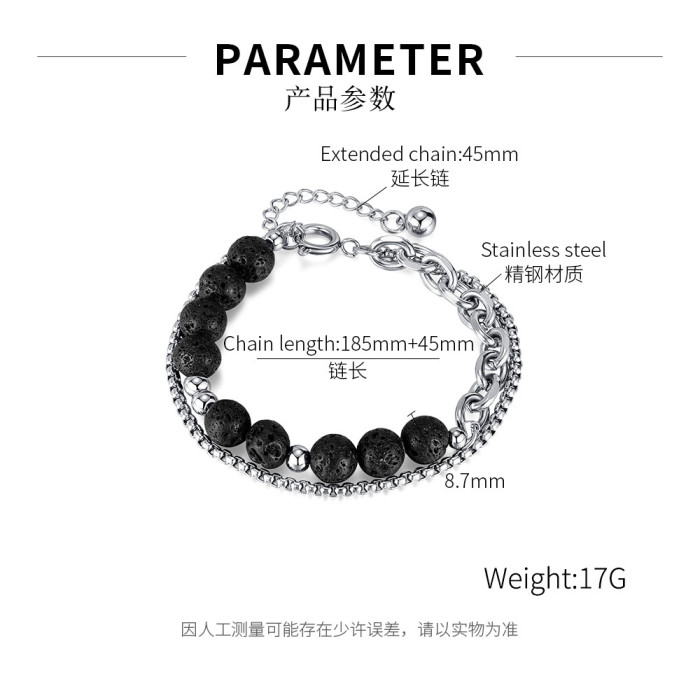 Personality Fashion Creative Stainless Steel Volcanic Rock Stitching Chain Double Layer Twin Bracelet Men, Necklaces