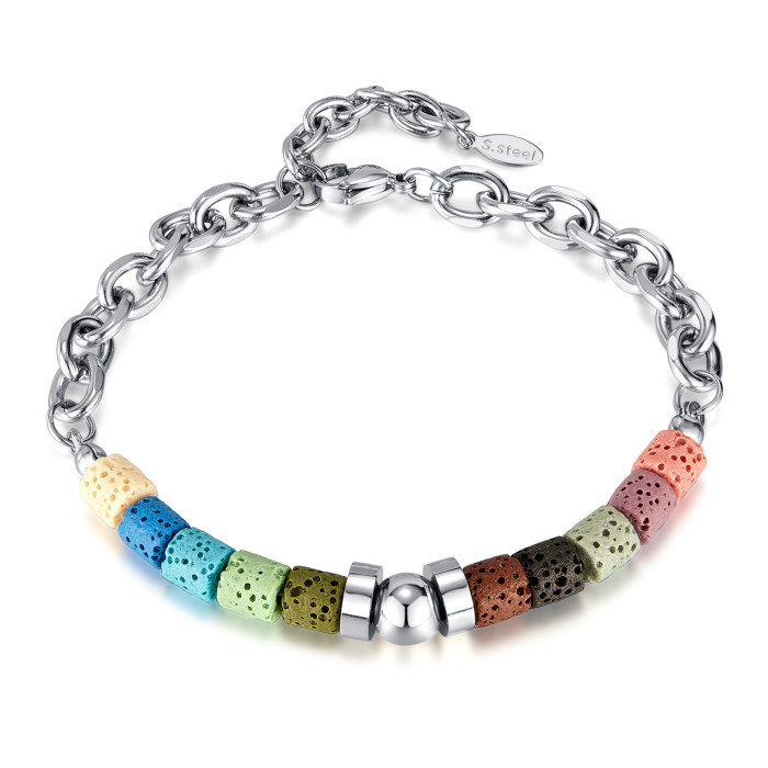 Personalized Creative Design Stainless Steel Chain Stitching Color Volcanic Stone Bracelet Men