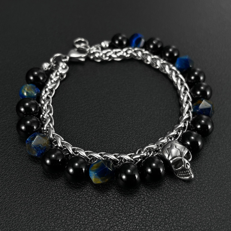 Stainless Steel Double Layer Twin Skull Black Glass Beads Bracelet Men