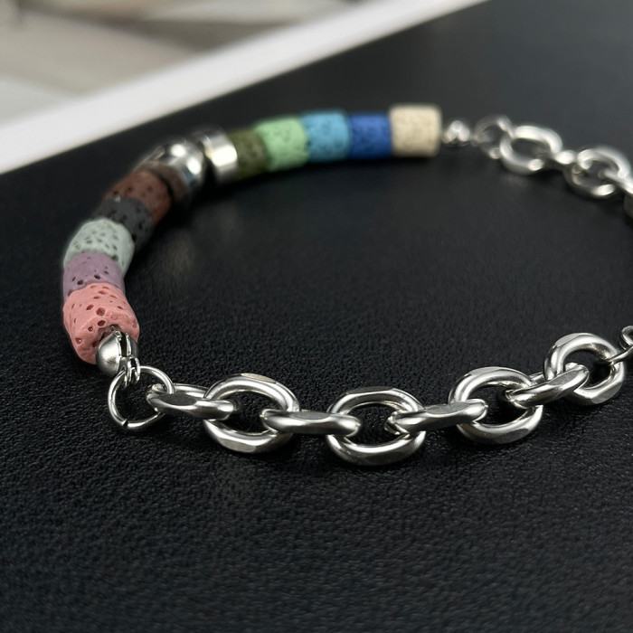 Personalized Creative Design Stainless Steel Chain Stitching Color Volcanic Stone Bracelet Men