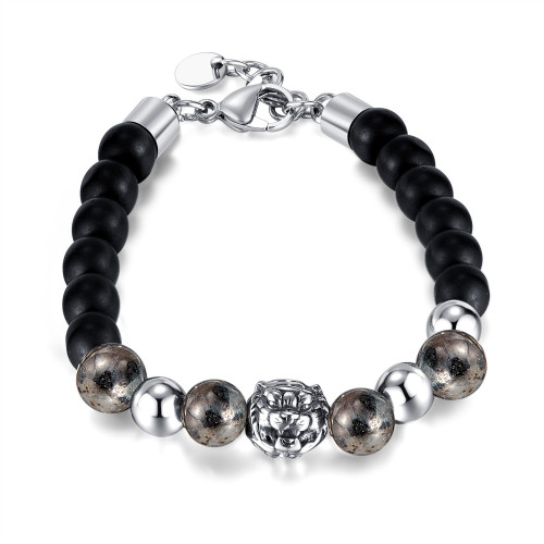 Street Retro Punk Design Stainless Steel Tiger Head Beaded Bracelet Men