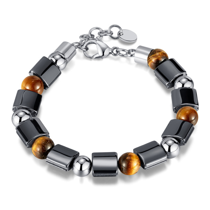 Retro Fashion Creative Stainless Steel Ball Haematite Stitching Tigereye Map Stone Bracelet
