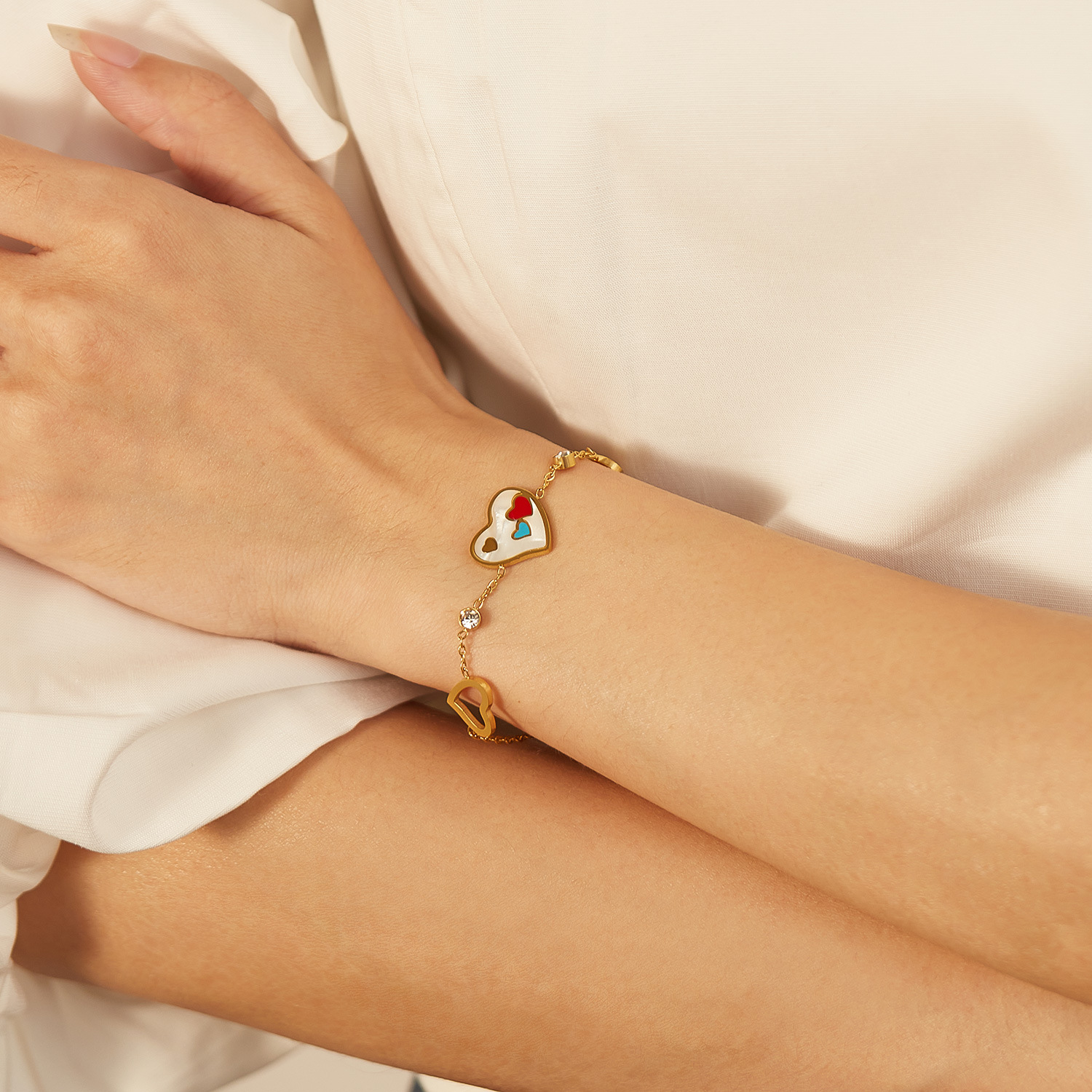 Hollow Ins Style Peach Heart European and American Stainless Steel Fashion Colored Loving Heart Bracelet for Women