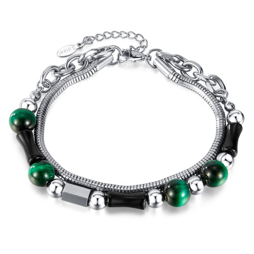 Retro Creative Double Layer Twin Green Tiger-Shaped Stone Black Bamboo Stainless Steel High-Grade Bracelet
