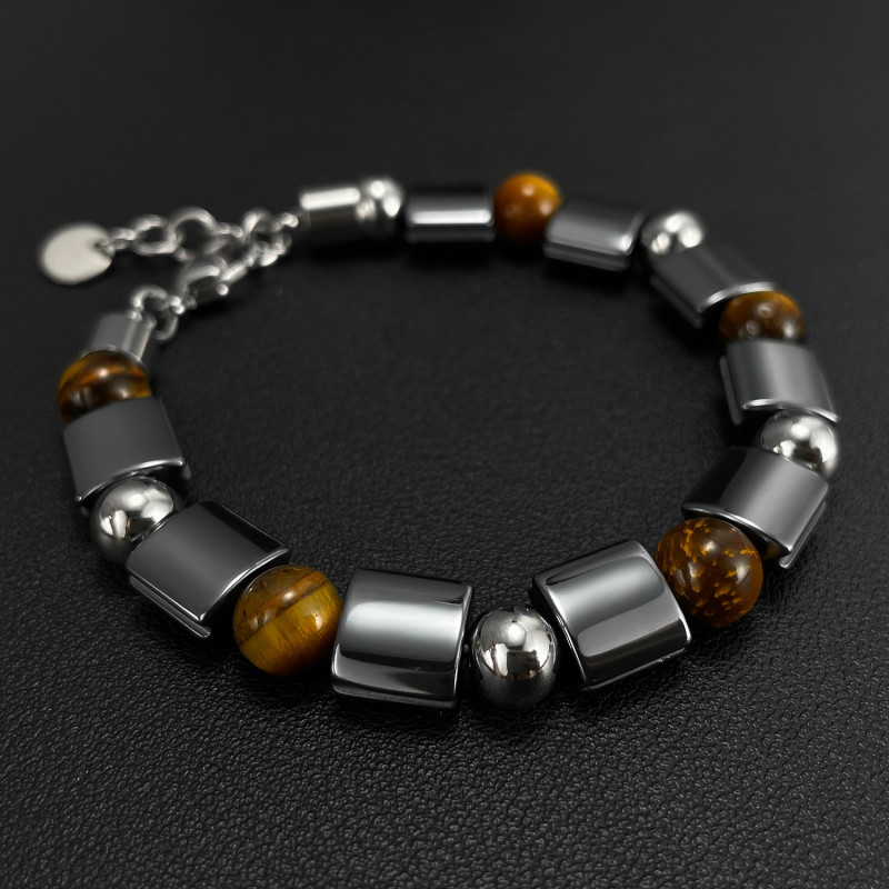 Retro Fashion Creative Stainless Steel Ball Haematite Stitching Tigereye Map Stone Bracelet