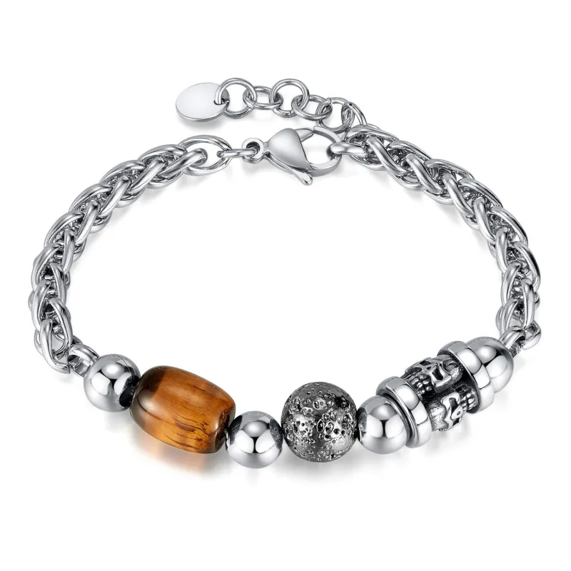 Creative Stainless Steel Skull Stitching Tigereye Ball Bracelet Men