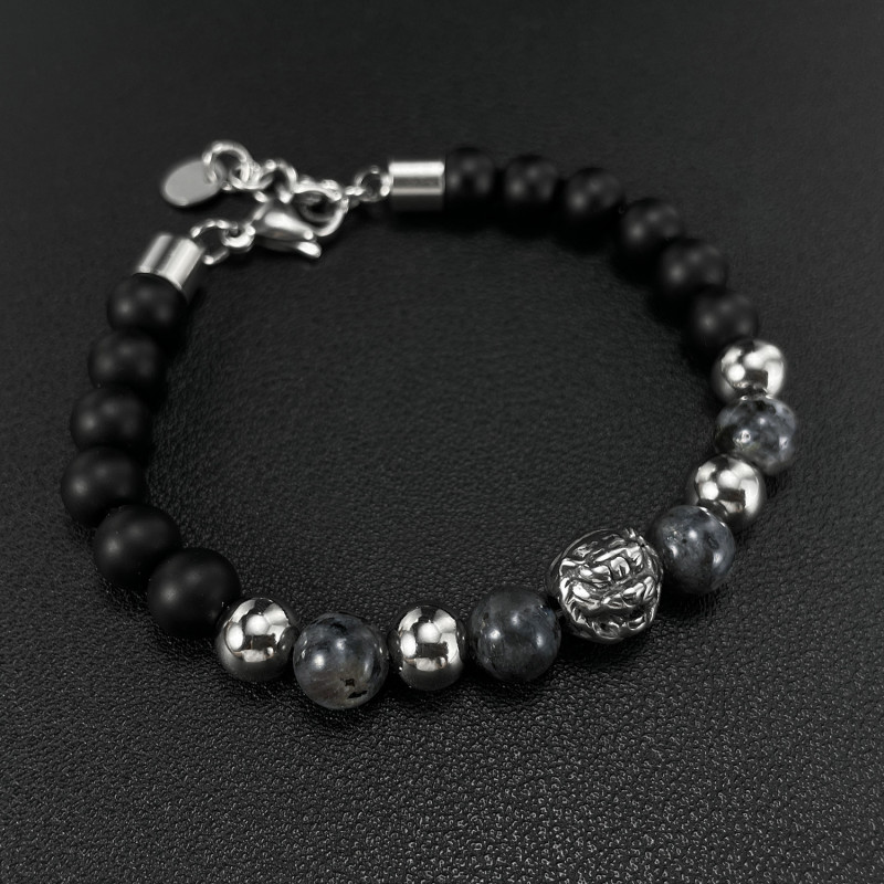 Street Retro Punk Design Stainless Steel Tiger Head Beaded Bracelet Men