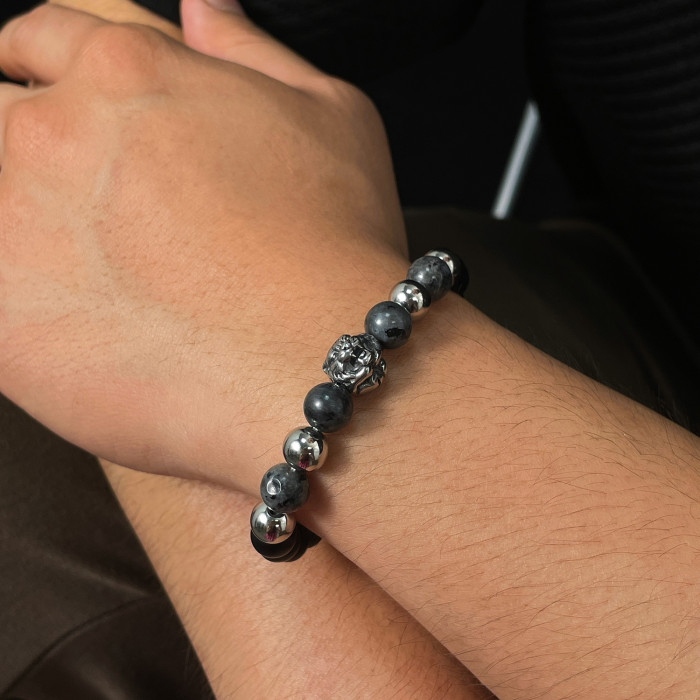 Street Retro Punk Design Stainless Steel Tiger Head Beaded Bracelet Men