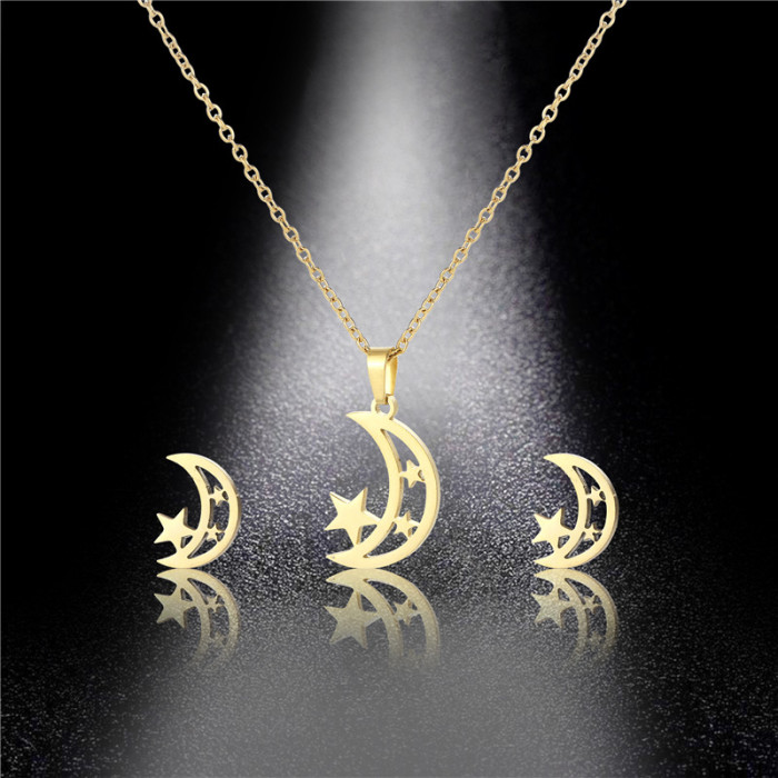 Xingyue Suit Stainless Steel Hollow Star and Moon Necklace Stud Earrings Personal Accessories Clavicle Chain