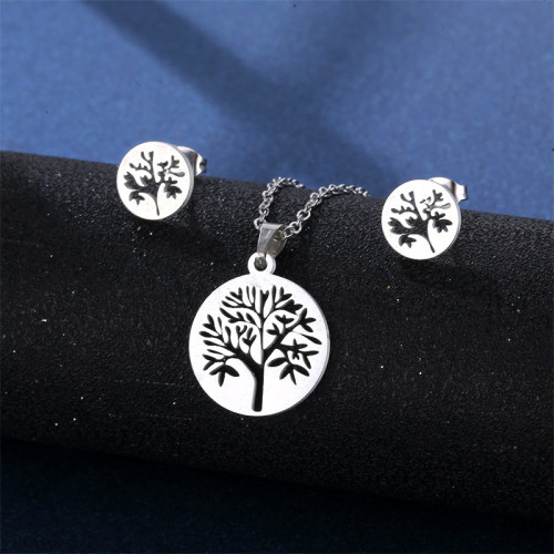 Stainless Steel Tree of Life Pendant Earings Set Women's Glossy Women's Small Lucky Tree Necklace