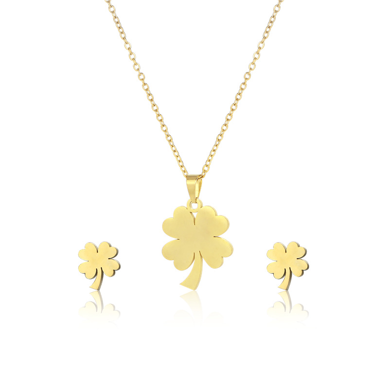 Fashion Geometry Pattern Four-Leaf Clover Necklace and Earring Suit Cross-Border 18K Gold Simple