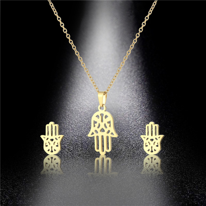 Fatima Hand Couple Necklace Cross-Border Stainless Steel Simple Hollow Palm Necklace and Earring Suit