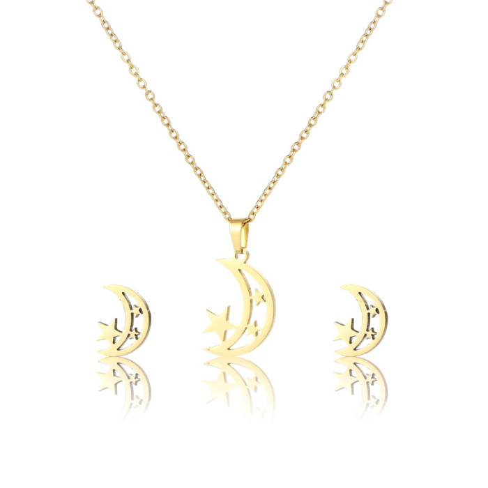 Xingyue Suit Stainless Steel Hollow Star and Moon Necklace Stud Earrings Personal Accessories Clavicle Chain