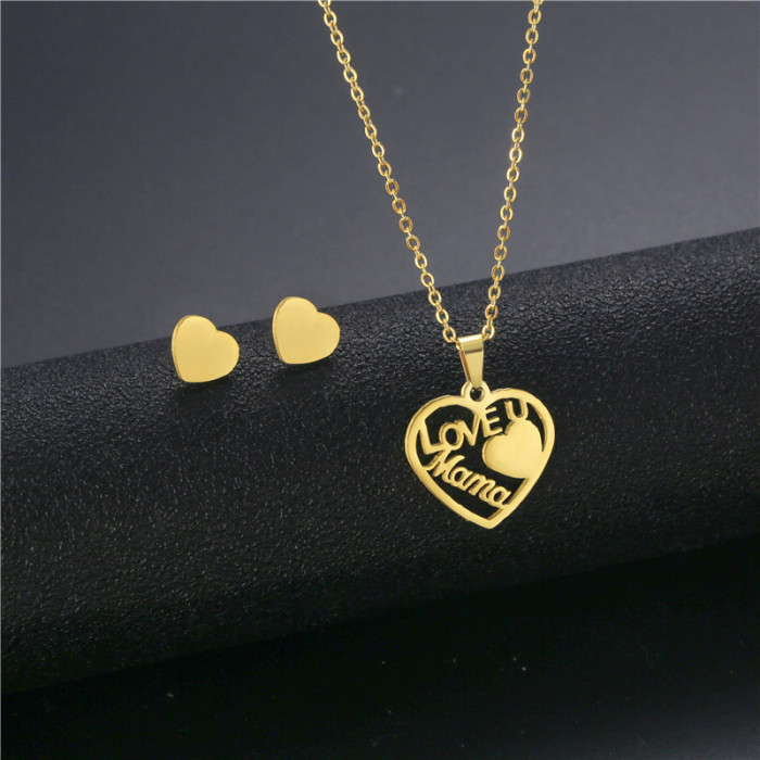 Heart-Shaped Love Stainless Steel Necklace Suit Love Mama Pendant Mother's Day Gift