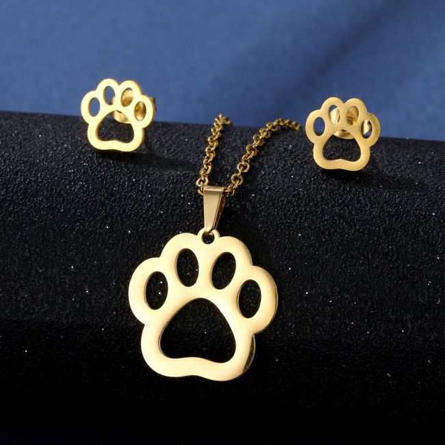 Cat's Paw Dog's Paw Stainless Steel Necklace and Earring Suit Fashion Ornament