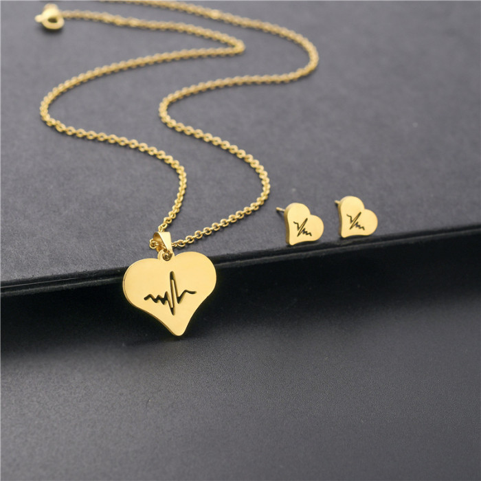 Necklace Suit Elegant Heart Necklace Hollow ECG Eardrops Stud Earrings