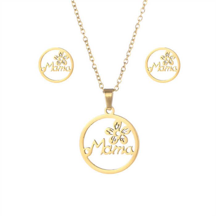 Amazon New Flower Mama Stainless Steel Necklace and Earring Suit Female Pendant Mother's Day Gift