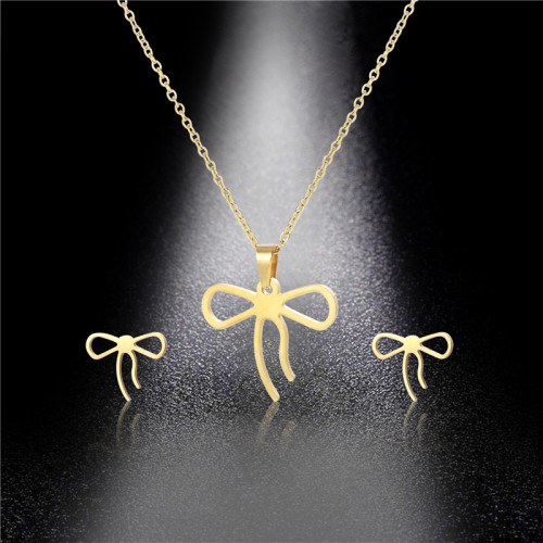 INS Niche New Style Glossy Bow Steel Necklace Female Dignified Sense of Design Clavicle Chain Earings Set