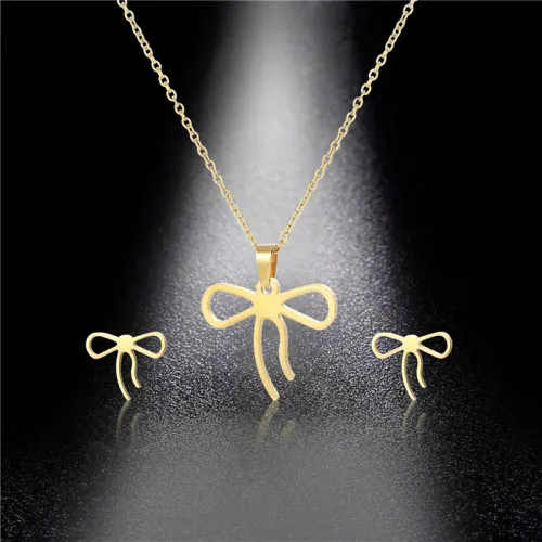 INS Niche New Style Glossy Bow Steel Necklace Female Dignified Sense of Design Clavicle Chain Earings Set